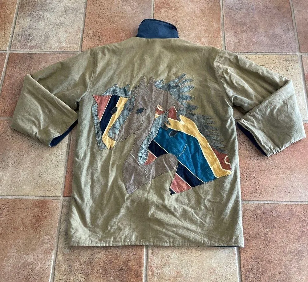 AMAZING Handmade reversible embroidered Horses quilted cotton Chambray Jacket Size L - Image 5