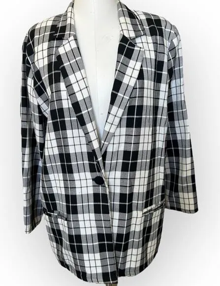 Vintage 90s Bobbie Brooks Light Black Cream Tartan Plaid Oversized Blazer 12/14 - Image 1