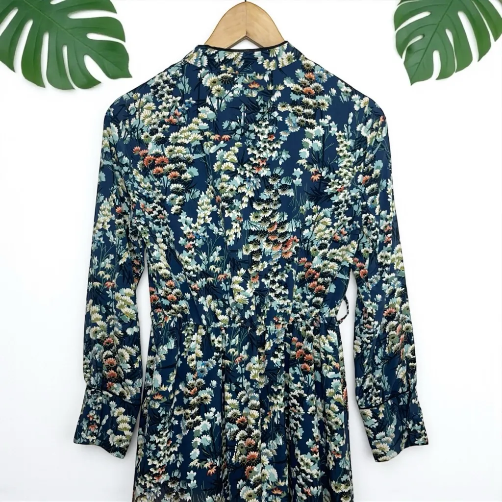 Zara Long Sleeve Piped Trim Stand Collar Mini Dress in Blue Floral Print - Image 9