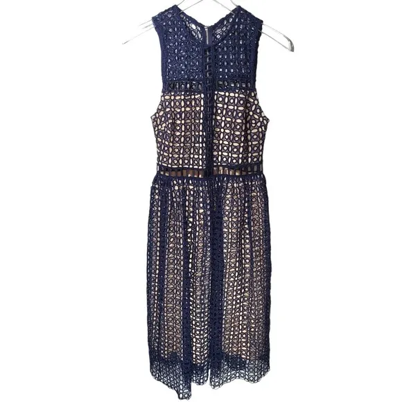 NWT Just Me Eyelet Lined Caged A-Line Style Midi Dress in Navy - Image 5
