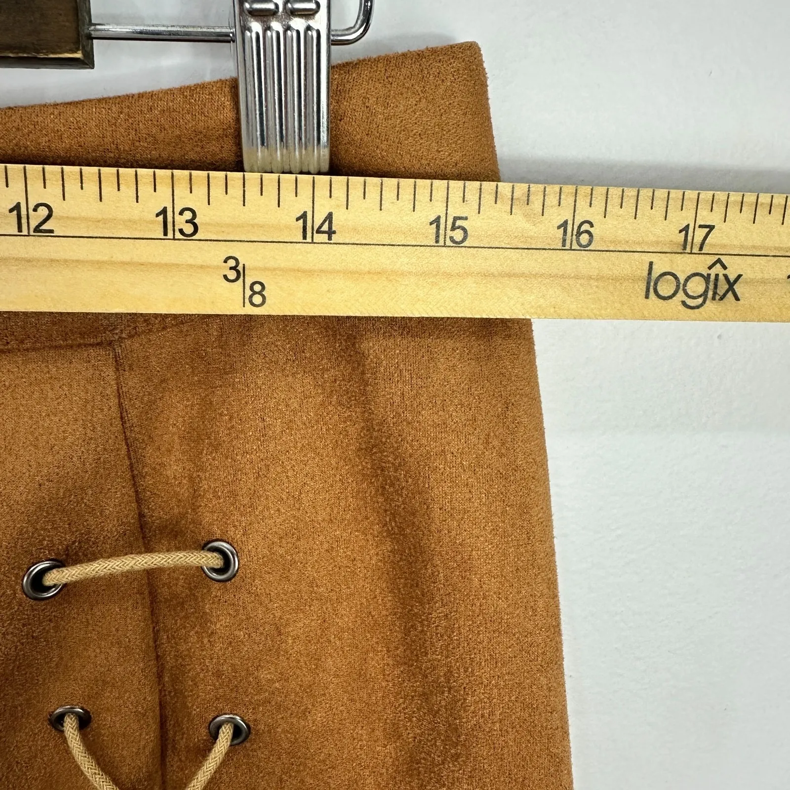 MangoPop L Camel Brown Faux Suede Lace Up Mini Skirt Boho Western Y2K Retro - Image 2