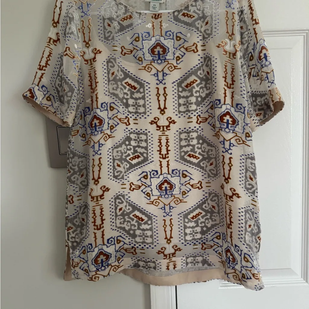 Sundance Velvet Geometric Aztec Silk-Blend Top in Cream With Slip Size XS Boho - Image 4