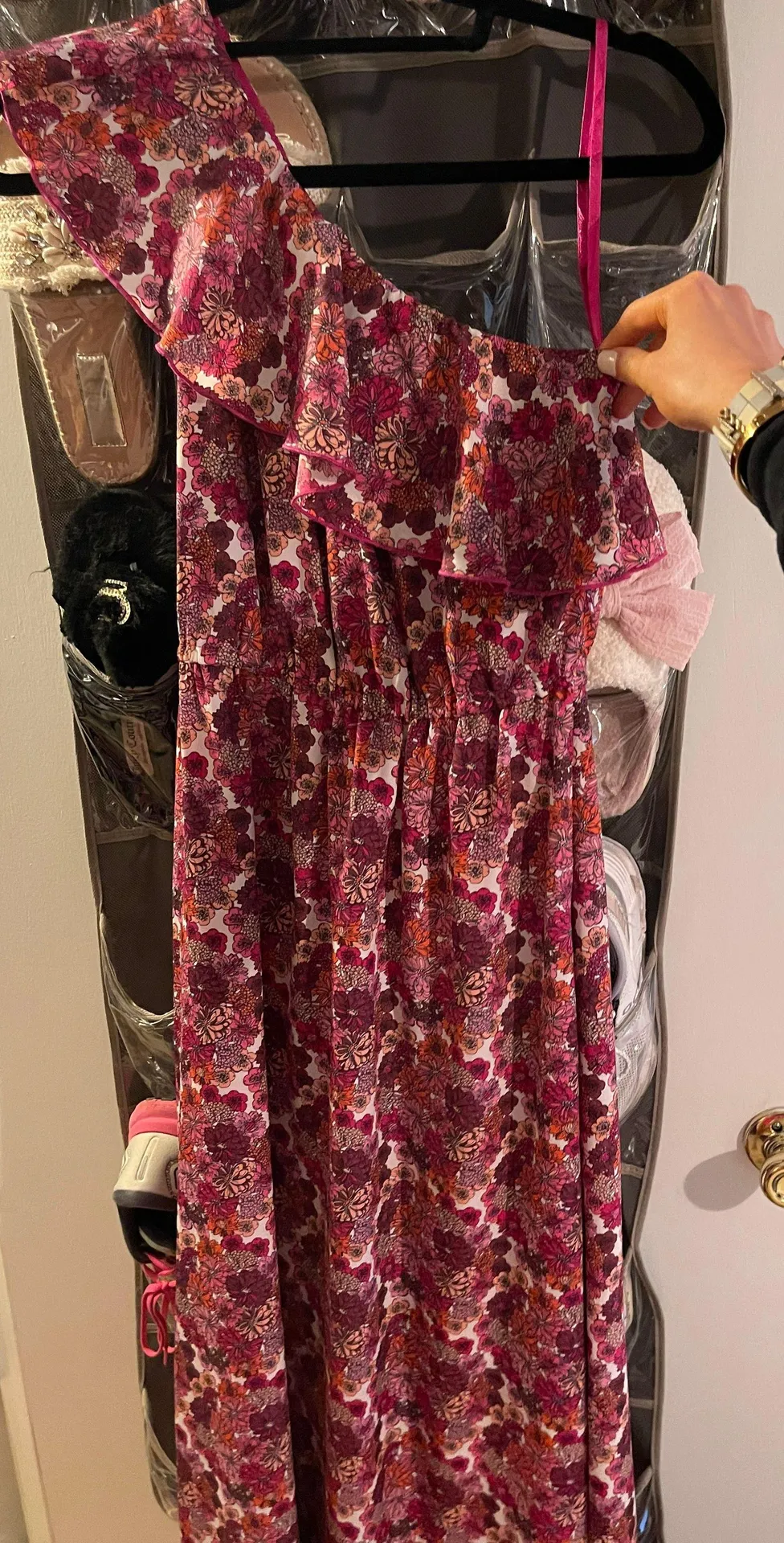 Floral Pink Orange One Shoulder Ruffle Maxi Dress - Image 2