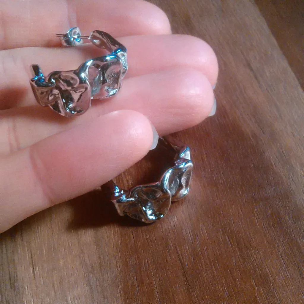 Hammered Texture Stainless Steel Half Hoop Earrings - Image 2