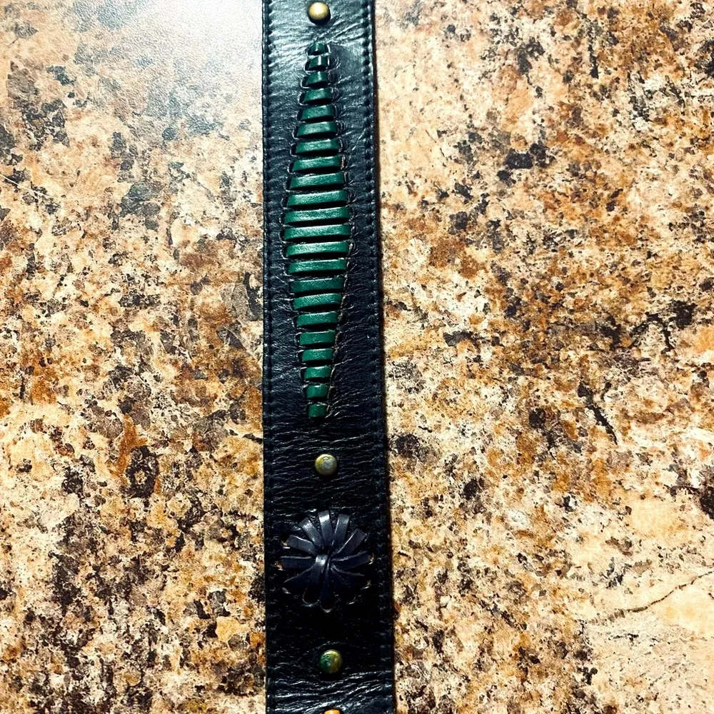 34” Brown Leather Belt with Pink, Purple, Yellow, Green Embroidered Flowers Pink - Image 3