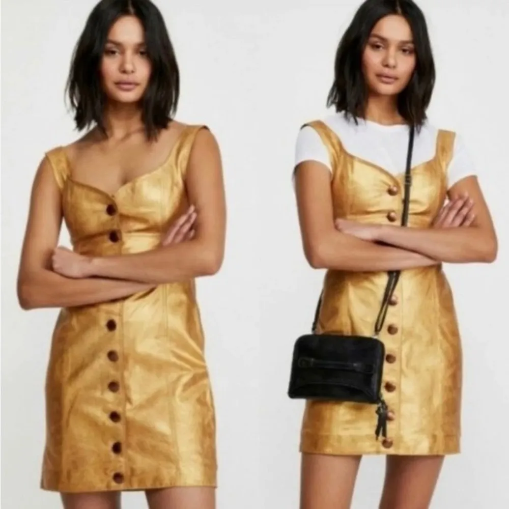 Free People Gold Leather Sleeveless Mini Party Dress Size 8 NWT Fairygoth Glam - Image 3
