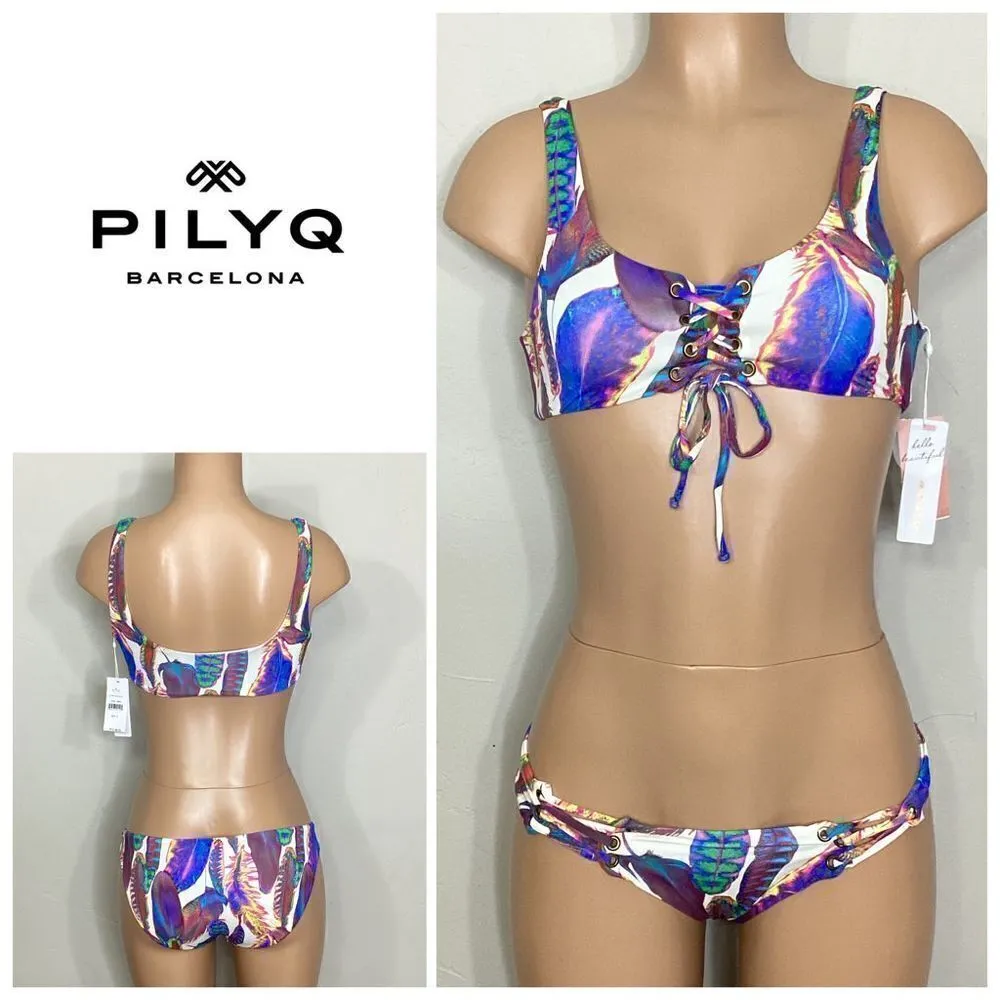 New Pilyq feather lace up bikini set. S-top/M-bottom - Image 2