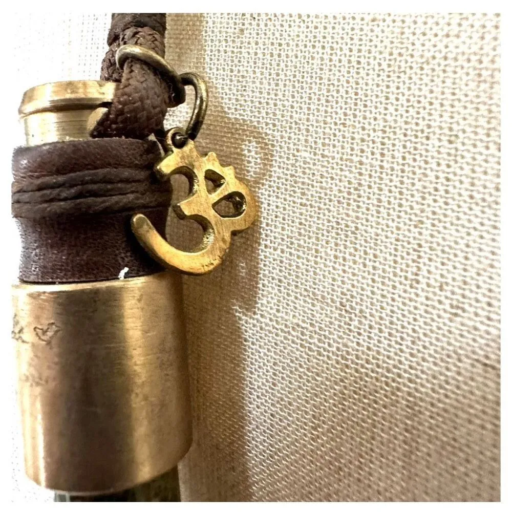 Unakite horn pendant brass and brown cord OM charm necklace - Image 3