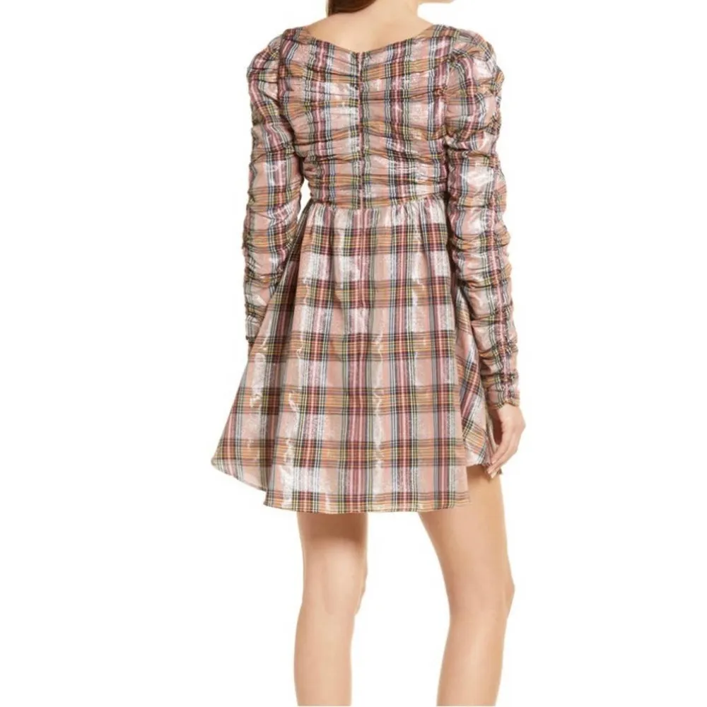 NEW Saylor Yulia Long Sleeve Metallic Plaid Babydoll Mini Dress MEDIUM - Image 2