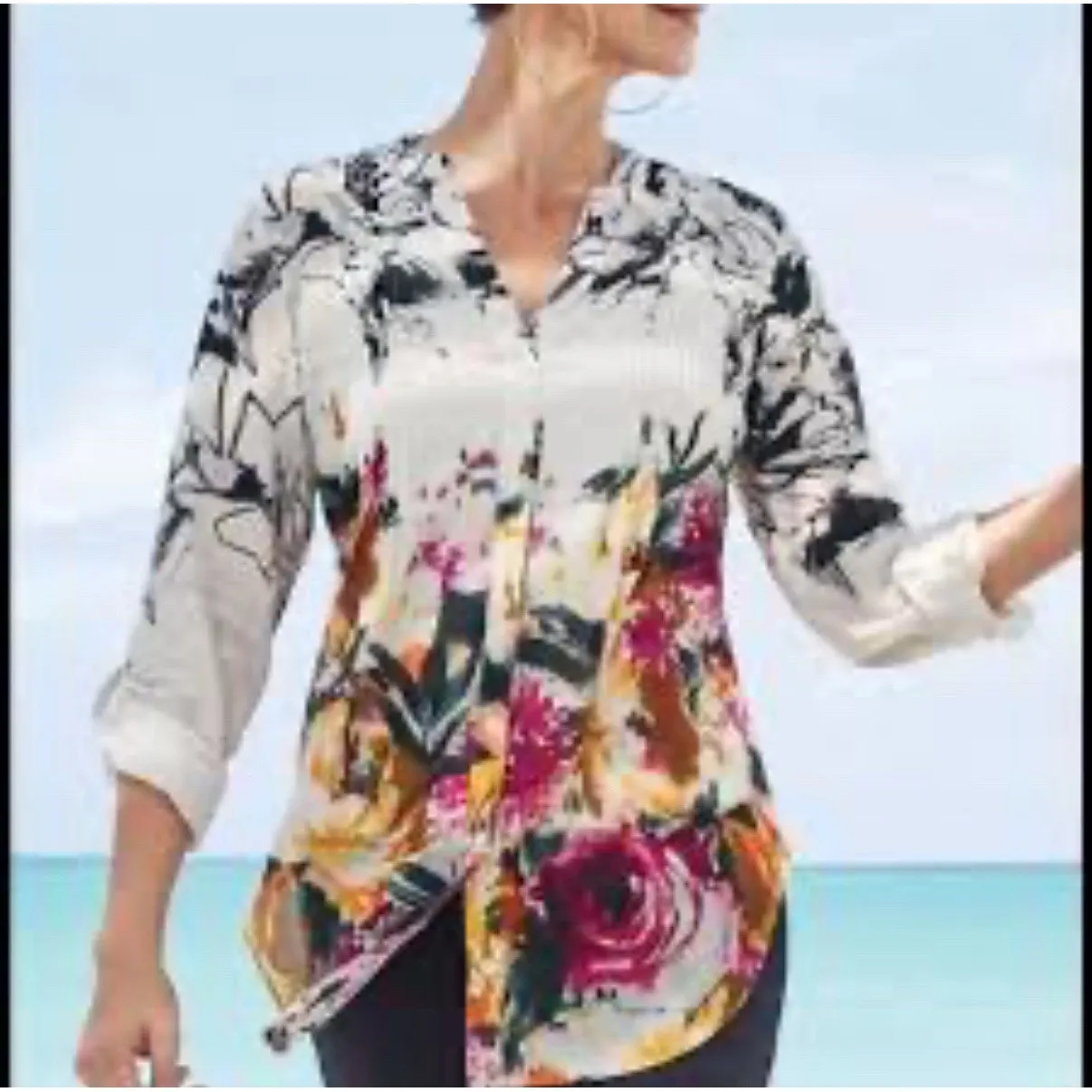 Soft Surroundings Champ De Fleurs Shirt Womens L Multi Color Floral Pleated - Image 1