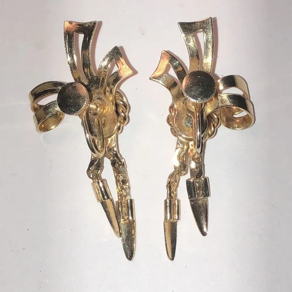 Vintage Gold Tone Retro Bow Dangling Boho Screw Back Earrings - Image 4