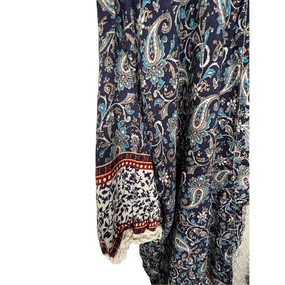 Kori America Paisley Patterned Short Sleeve Kimono With Fringe Hemming Blue Size M - Image 2