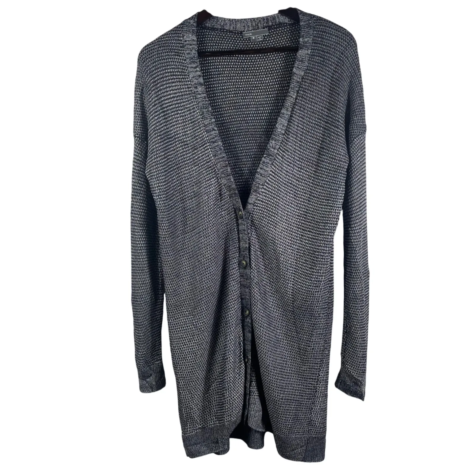 Vince‎ Linen Rayon Knit Cardigan Sweater Gray Black Open Front Long Size M - Image 2