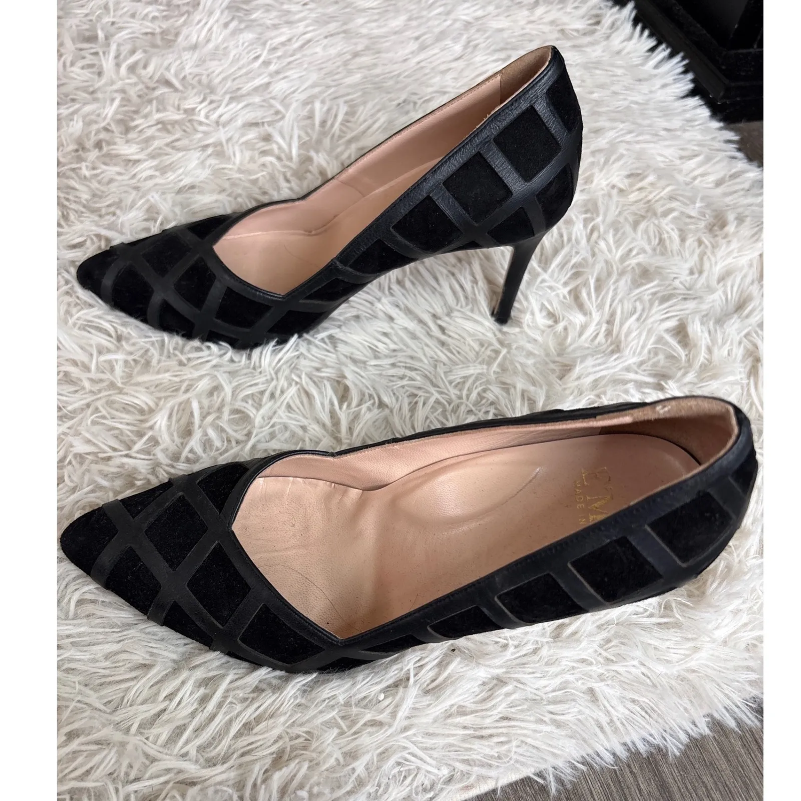 E MAR Black Suede & Leather Geometric Block Heel Pumps Made in Italy Size 36 - Image 3