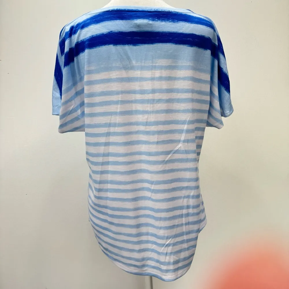 Chico’s Zenergy Blue Striped Dolman Short Sleeve Top w Sequined Sunglasses 1/M - Image 5