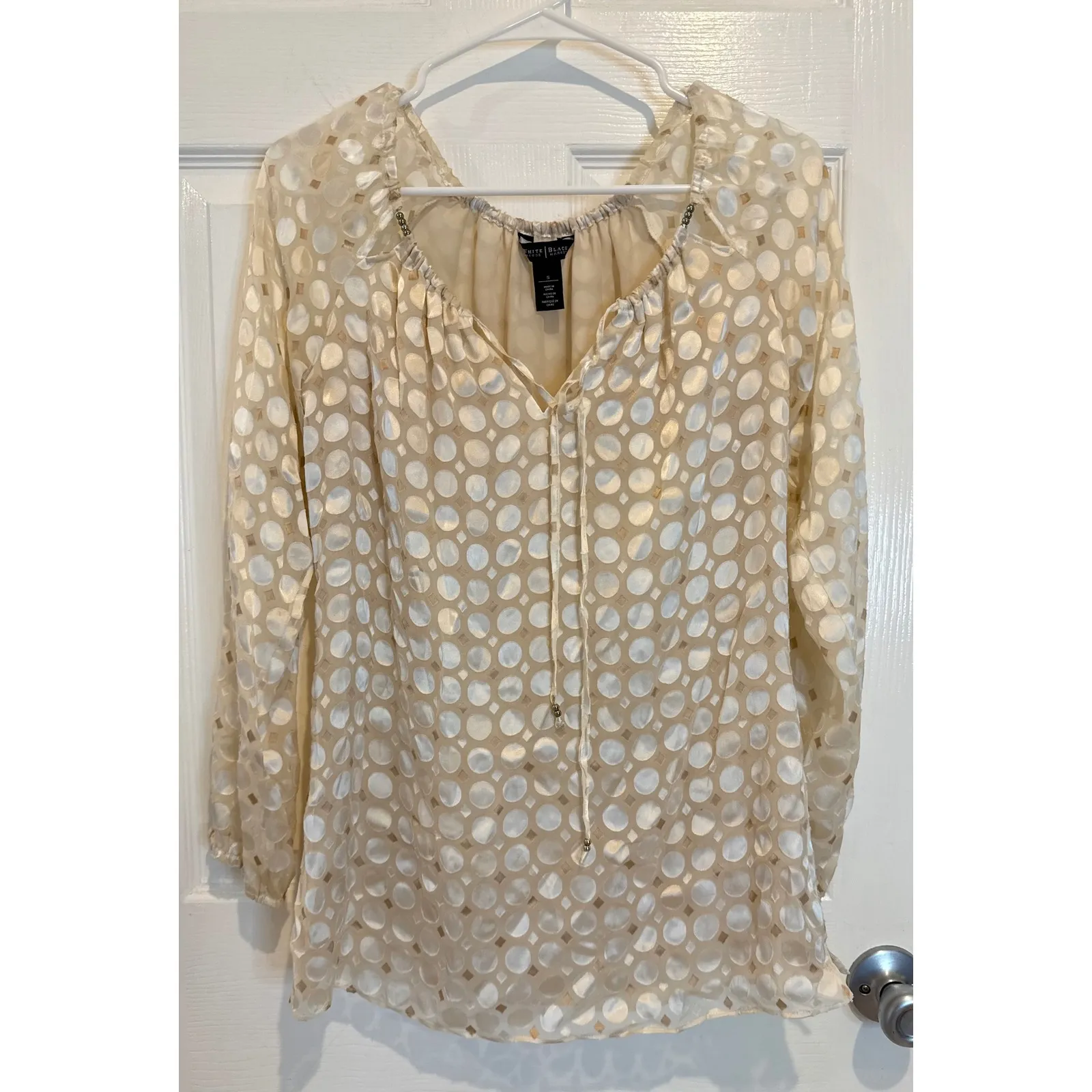 White House Black‎ Market Blouse Sheer Polka Dot Long Sleeve Top S - Image 2