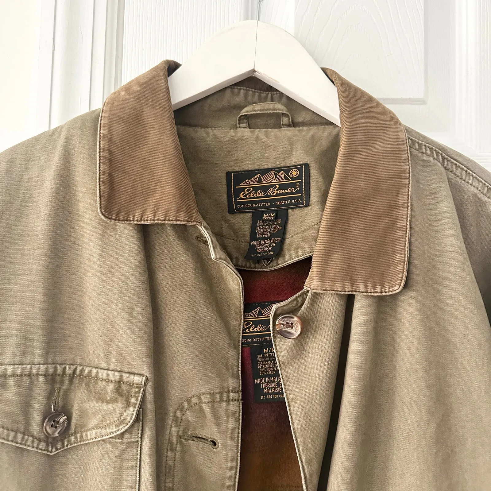 Eddie Bauer Khaki Vintage 80s Chore Jacket Tan Corduroy Collar Cuffs MP Lined - Image 2