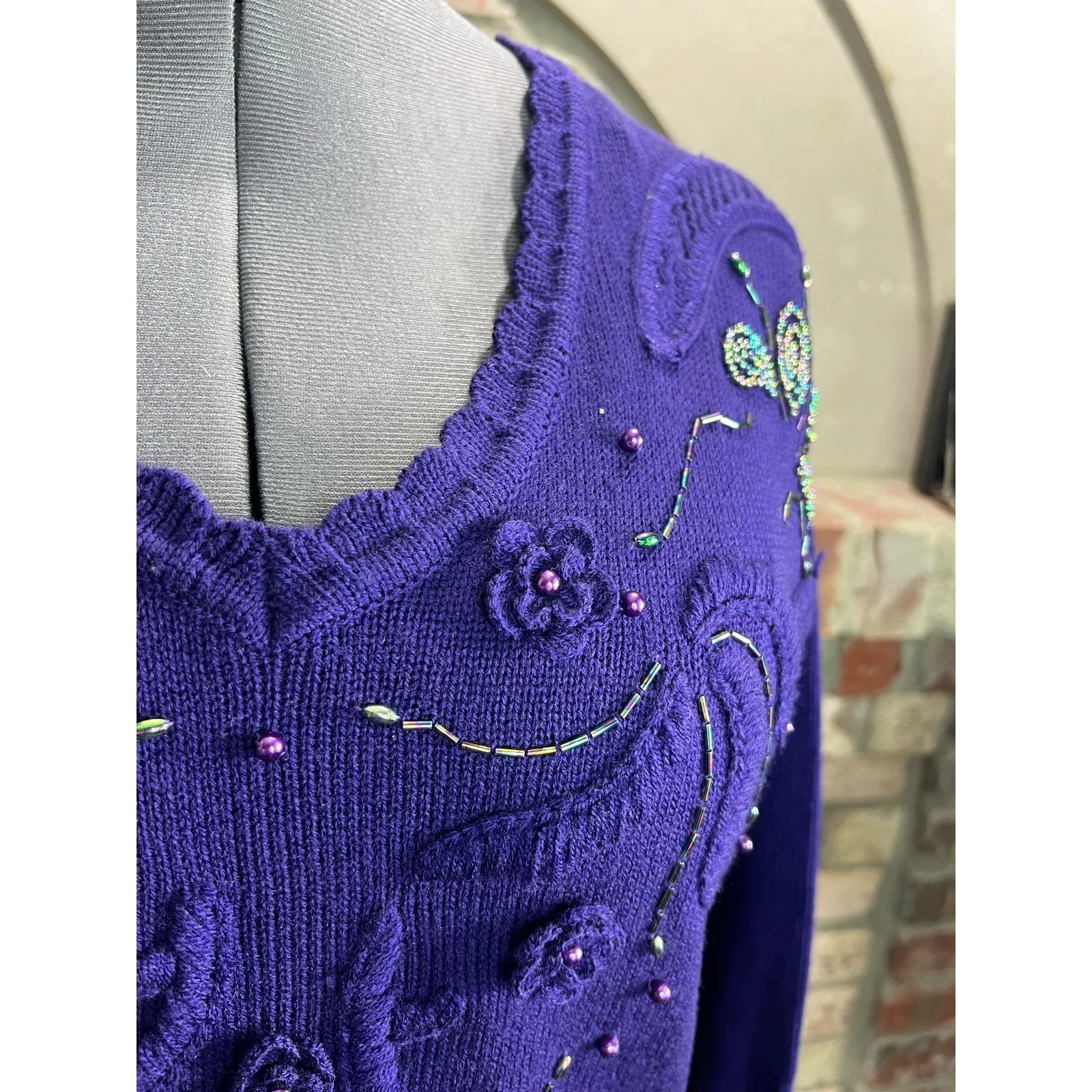 Sweater Dress beaded embellished glam 1980s shoulder pads purple Size M - Image 7