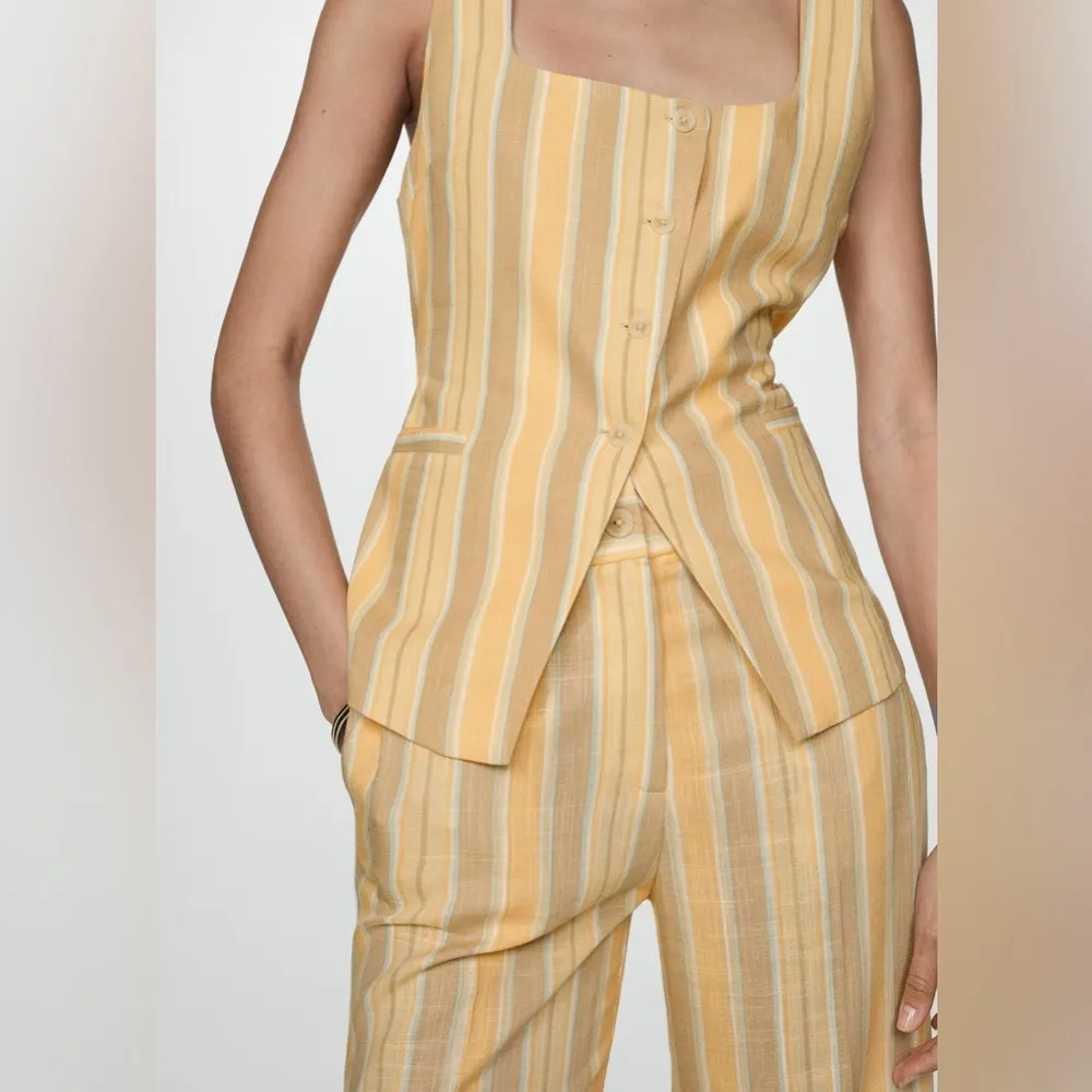 MANGO Striped Square Neck Vest Waistcoat Linen Blend Yellow Size Large - Image 4
