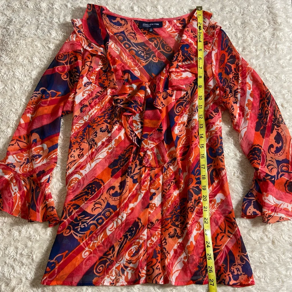 Vtg Jones New York Bell Sleeve Sheer Floral Ruffle Maximalist Blouse Medium M - Image 6