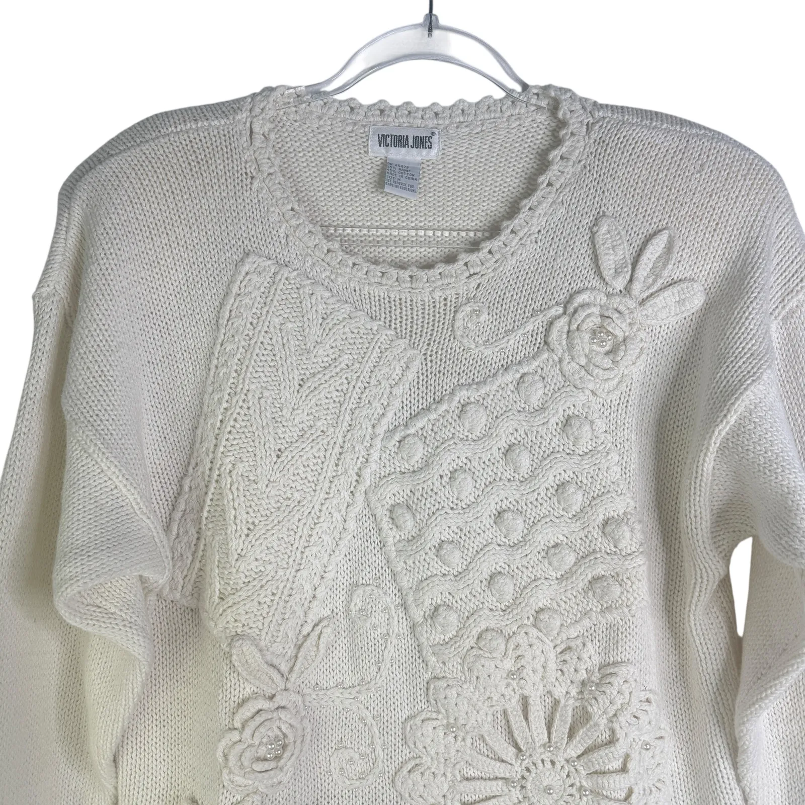 Vintage Victoria Jones Grandmacore Boho Knit Sweater Embroidered Crochet Med M White - Image 4