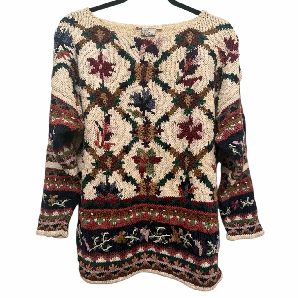 Cape Isle Knitters ramie cotton pullover chunky floral sweater size large Green - Image 1