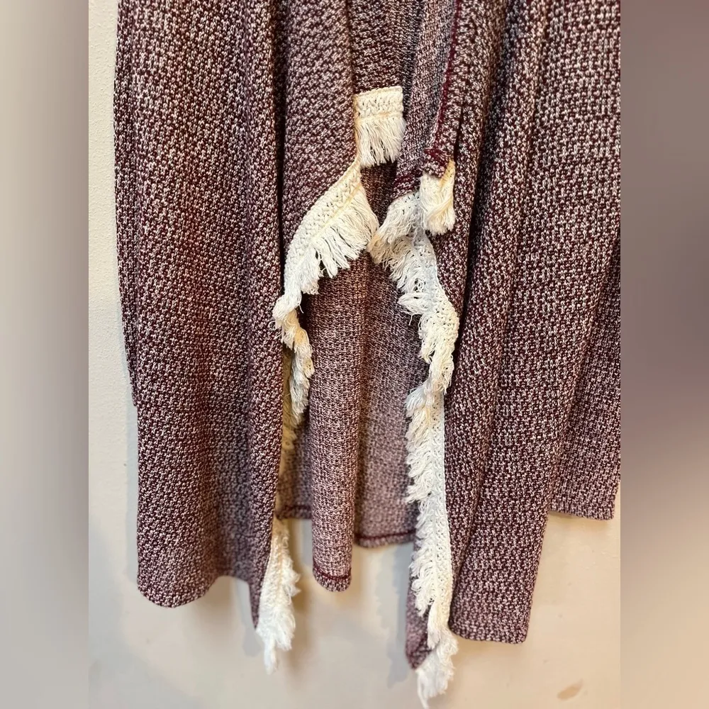 Boho Fringe Open Front Cardigan Maroon Cream Stretchy Fall Arizona Jean L - Image 8