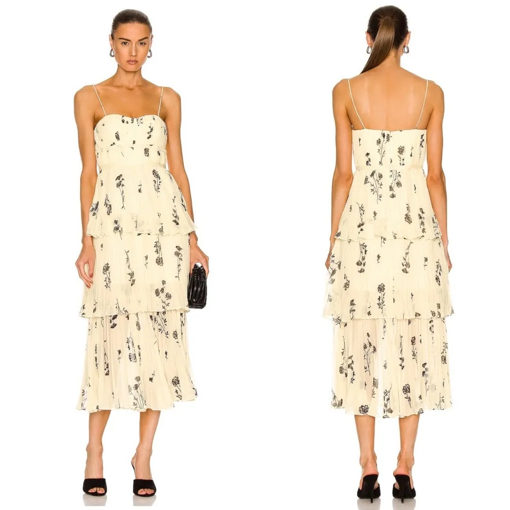 Yellow Floral Silhouette Chiffon Tiered Midi Dress Pastel Yellow - Image 3