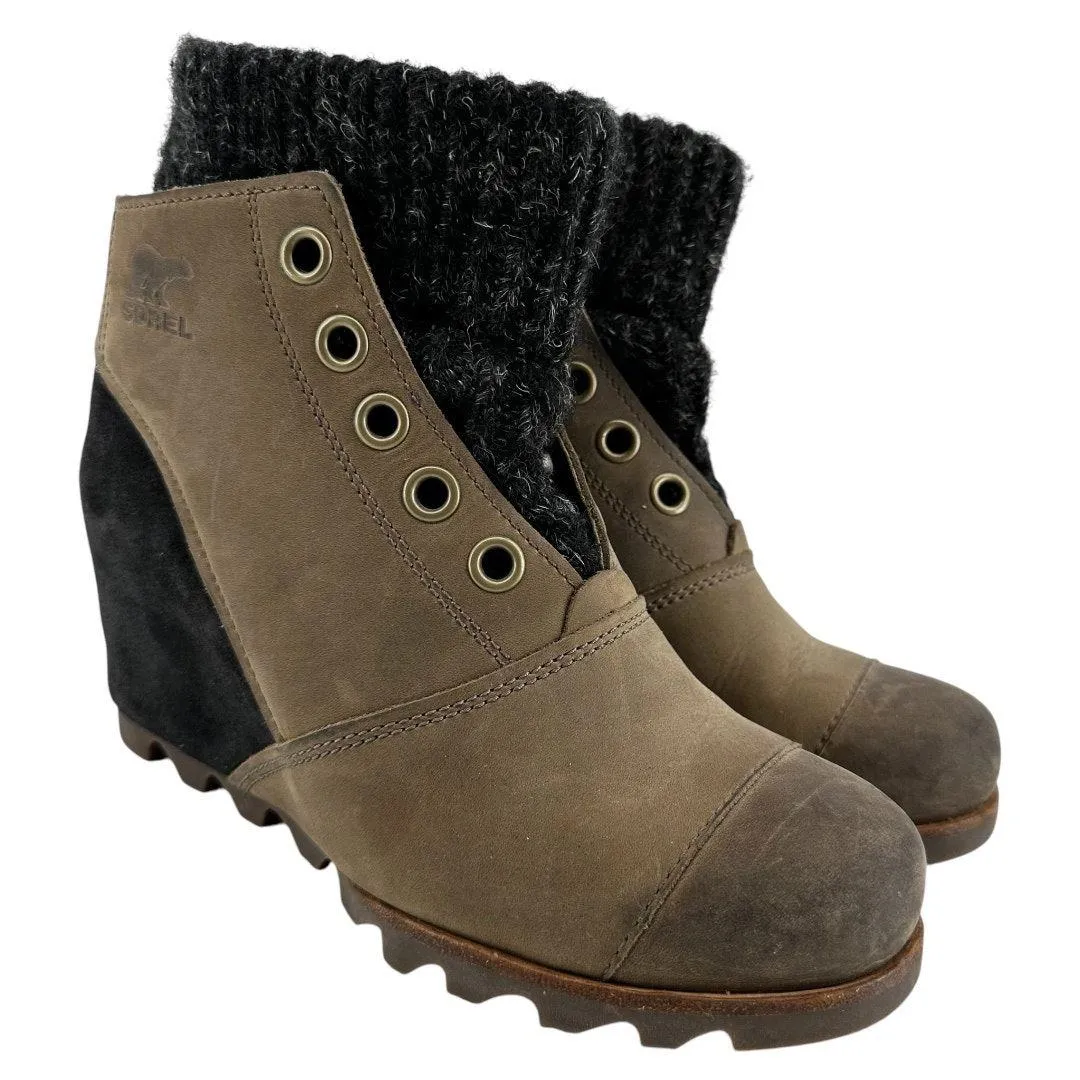 Sorel Joanie Sweater Wedge Boots Slip On Waterproof Snow Leather Tan Black 8.5 - Image 2
