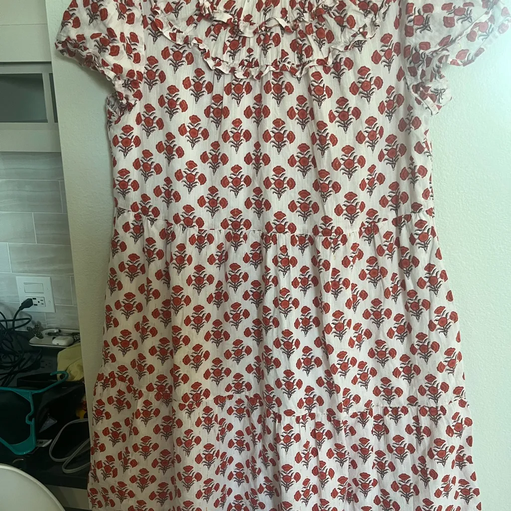 Boden Ruched Detail Metallic Dress Cream Red Poppy Gold US Size 12 - Image 9