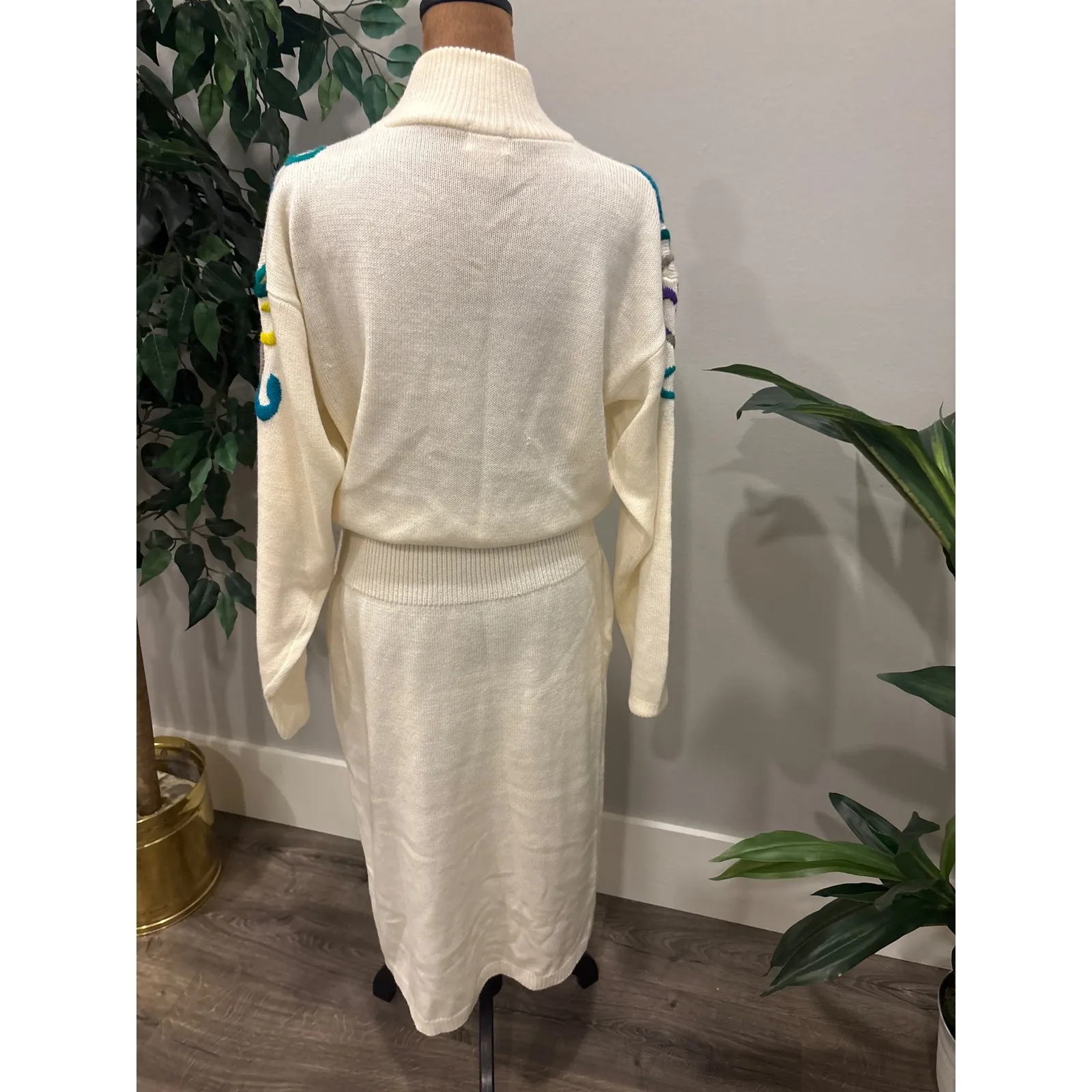 Vintage y2k 80's Darian Womens Mock Neck Sweater Dress Floral Embroidery Med White - Image 4