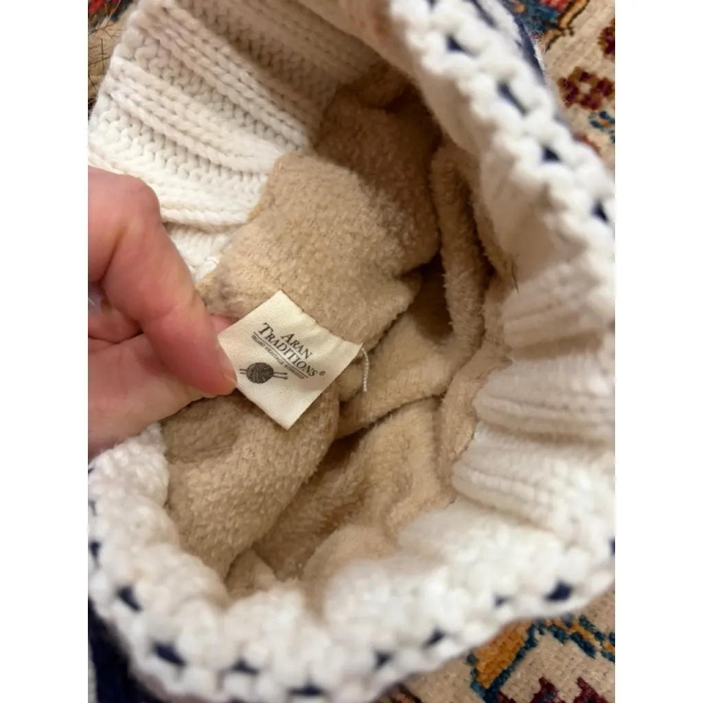 Aran Traditions Scotland Knit Beanie Cream Faux Fur Pom Fleece Lined Winter Hat - Image 4