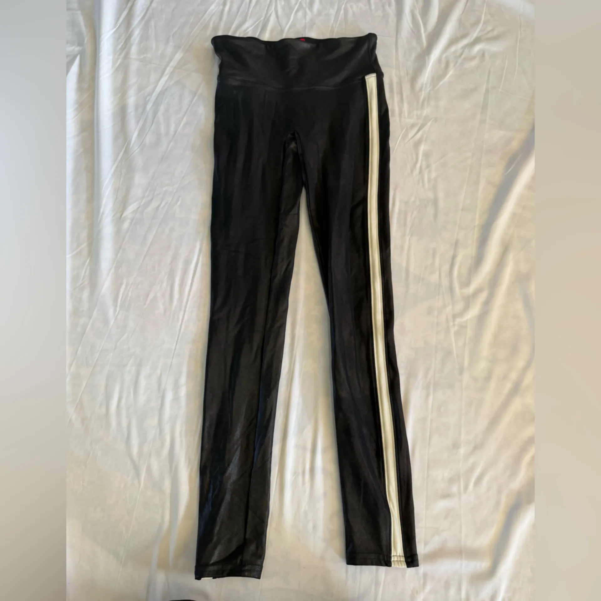SPANX Faux Leather Stripe leggings Sporty Black White Side Small - Image 3