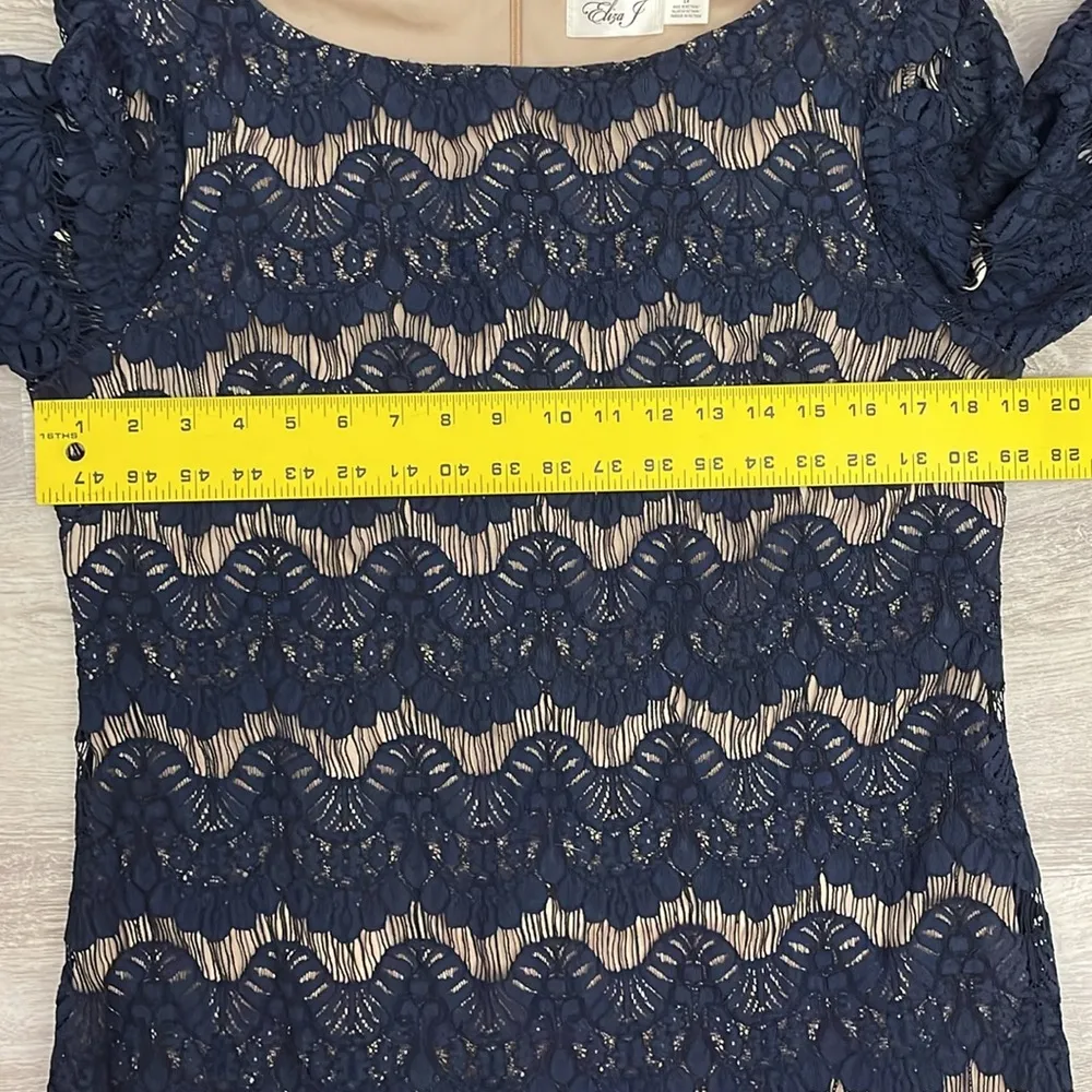 Navy Blue Lace Overlay 3/4 Sleeve Knee Length Cocktail Dress Size 14 - Image 12