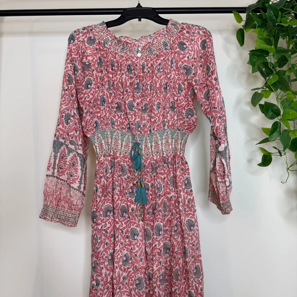 Bell by Alicia Bell Block Print Boho Long Sleeve Dress Silk Made in India Small Pink - Image 4