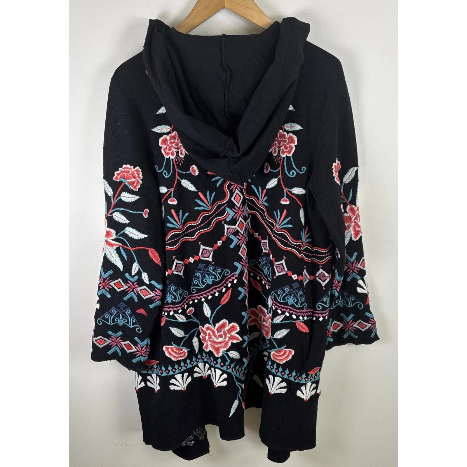 Caite Embroidered Cardigan Jacket Sz XS Black Floral Hooded Hand Made Duster - Image 6