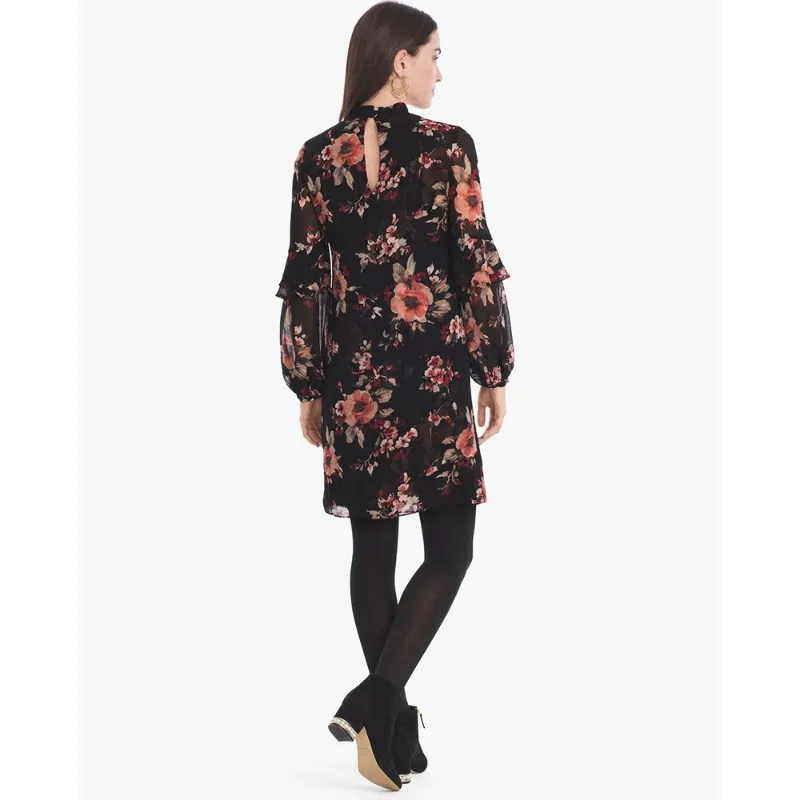 White House Black Market Black Long-Sleeve Floral Choker Shift Dress - Image 2