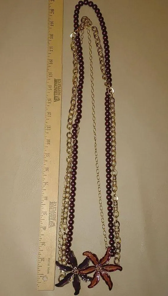 Orchid Necklace Large 3 Strand Vintage Purple Beaded Gold Chain Enamel Flower - Image 6
