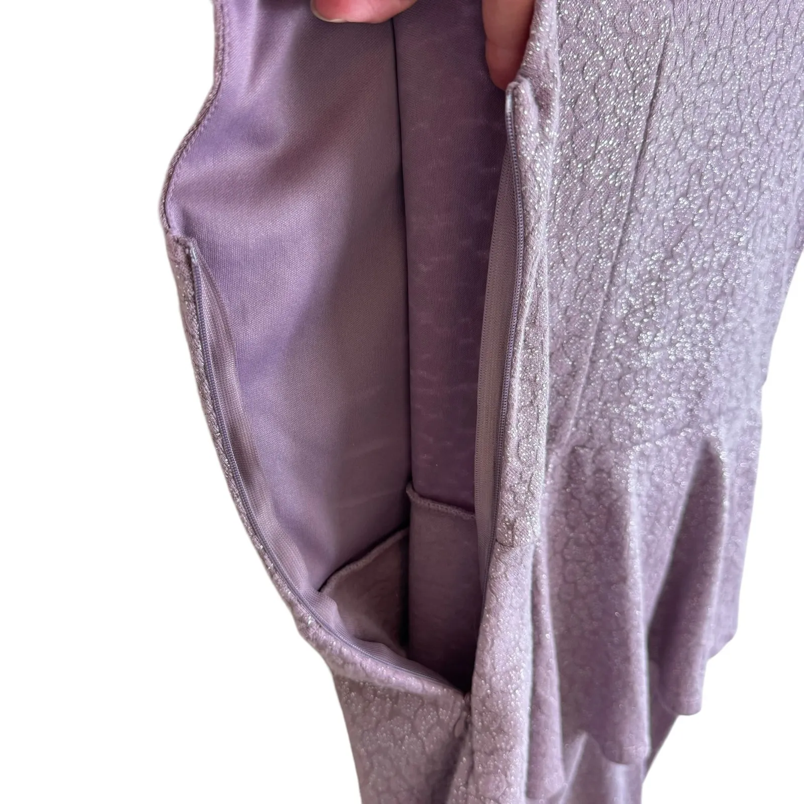 Bar III Purple Lavender Shimmer Sleeveless Peplum Knee Length Stretch Dress Sz L - Image 4