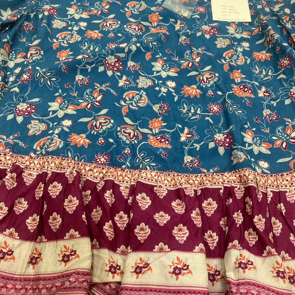 Beach lunch lounge NWT Size L Women’s Suzy Teal Border Floral Blouse - Image 5