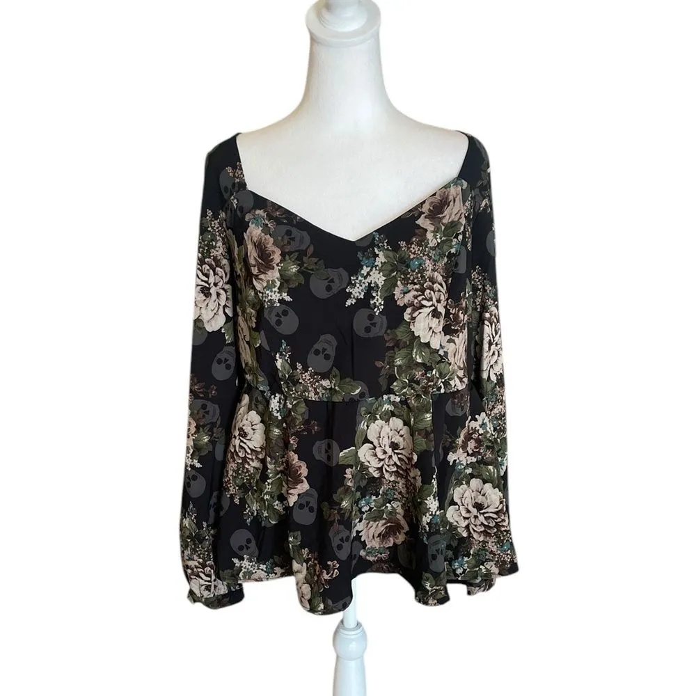 Torrid Flowers and Skull Print Blouse Peplum Crepe Sweetheart Neck Womens 2X - Image 3