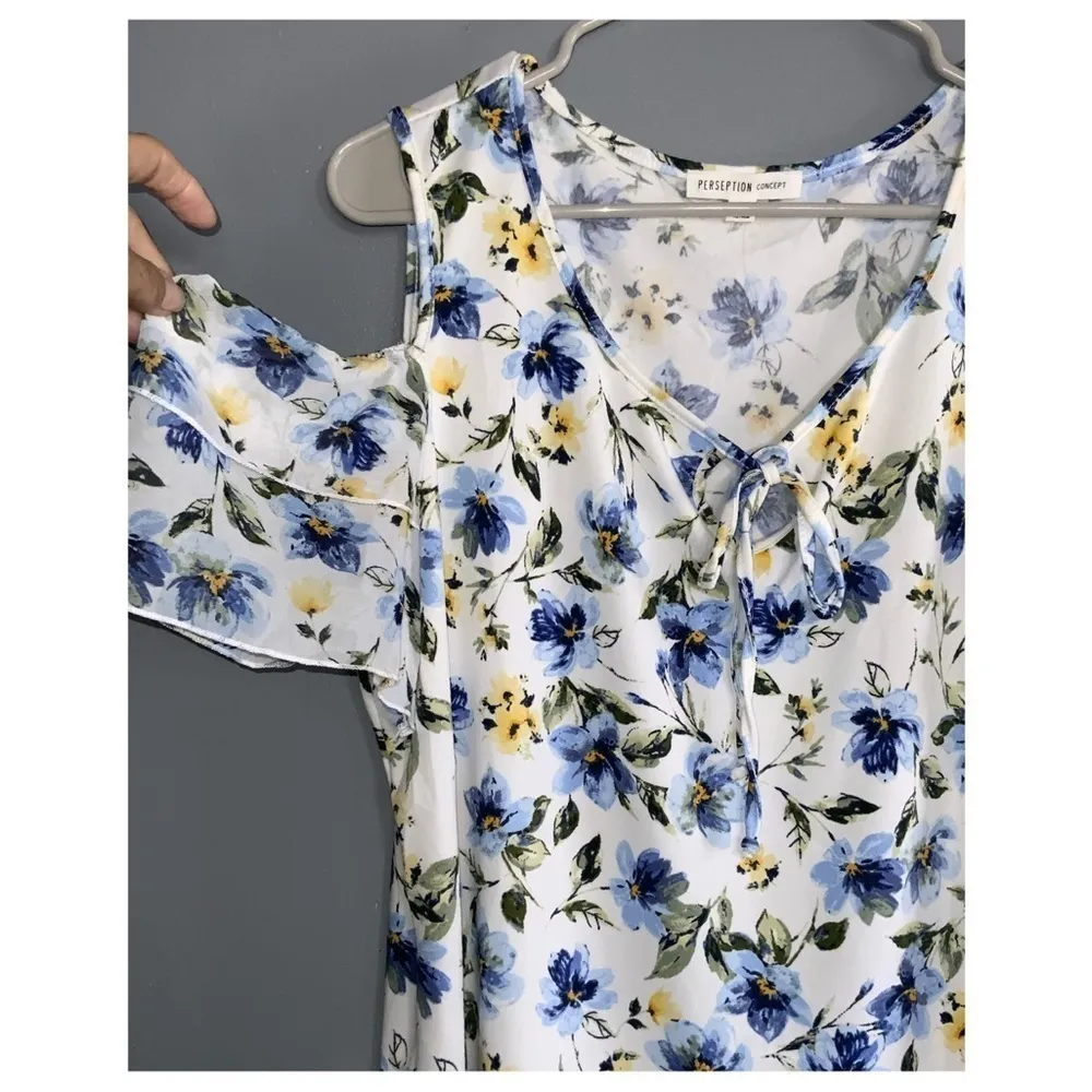 Cable & Guage 2Pc Set~Lg Blue Sweater Cardigan & XL Blue & Yellow Floral Blouse - Image 11
