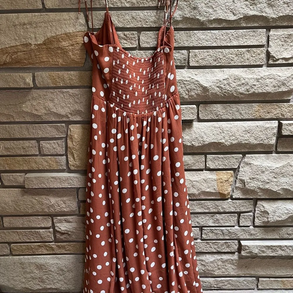 Abercrombie & Fitch Brown & White Polka Dot flowy midi maxi slit dress XL T - Image 3