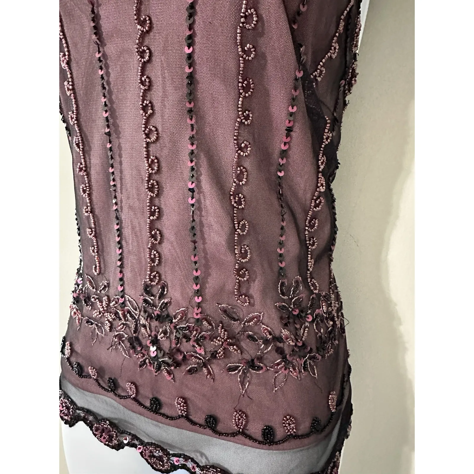 MARINA Size XL Flapper Style Beaded Sequin Sheer Overlay Tank Gatsby Pink Black - Image 3