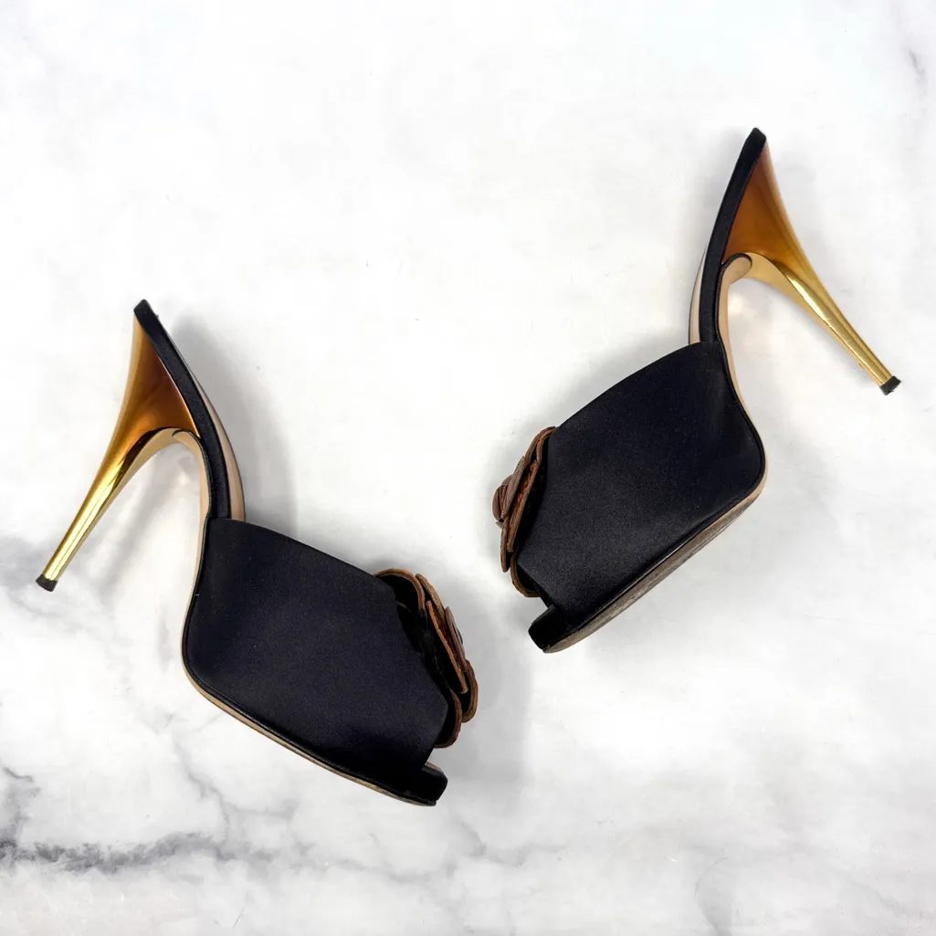 Giuseppe Zanotti Vintage Y2K Leather Flower Silk Platform Mule Sandal Heel Black - Image 9