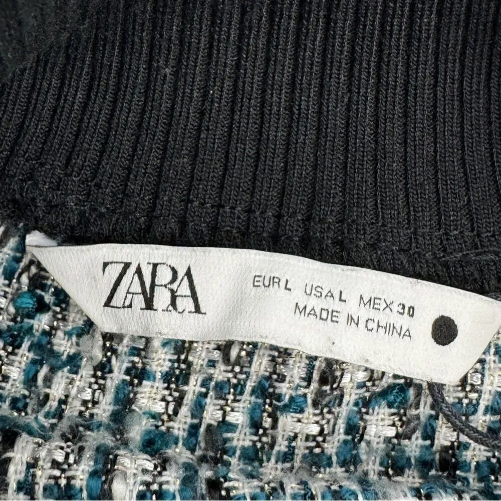 Zara Tweed Fringe Hem Mock Neck Shirt Teal White Large Crop - Image 10