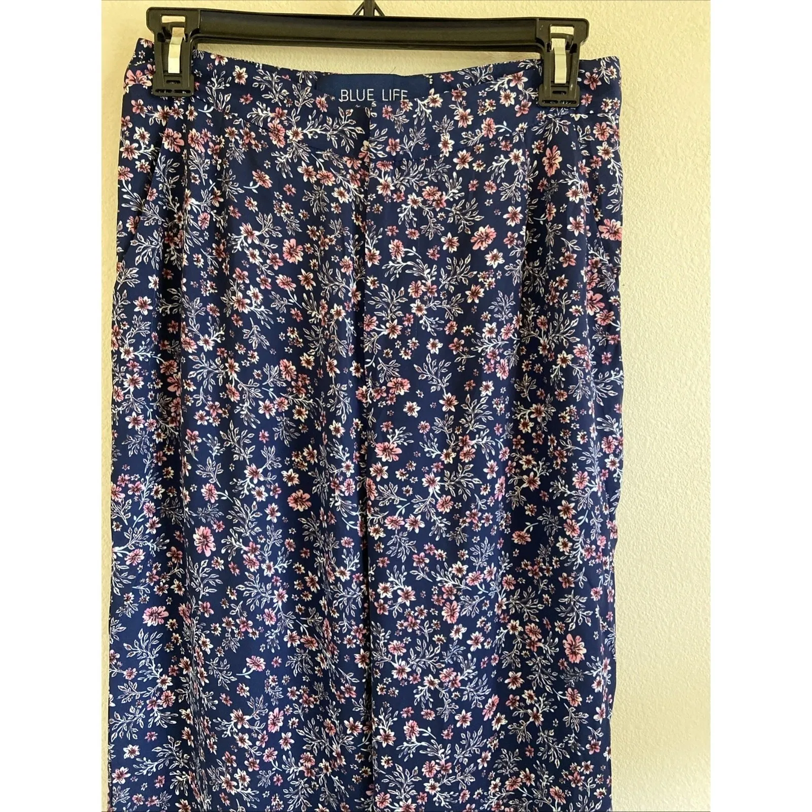 Blue Life Navy Blue Allover Floral Flower Wide Leg Pull On Pants Womens Small - Image 2