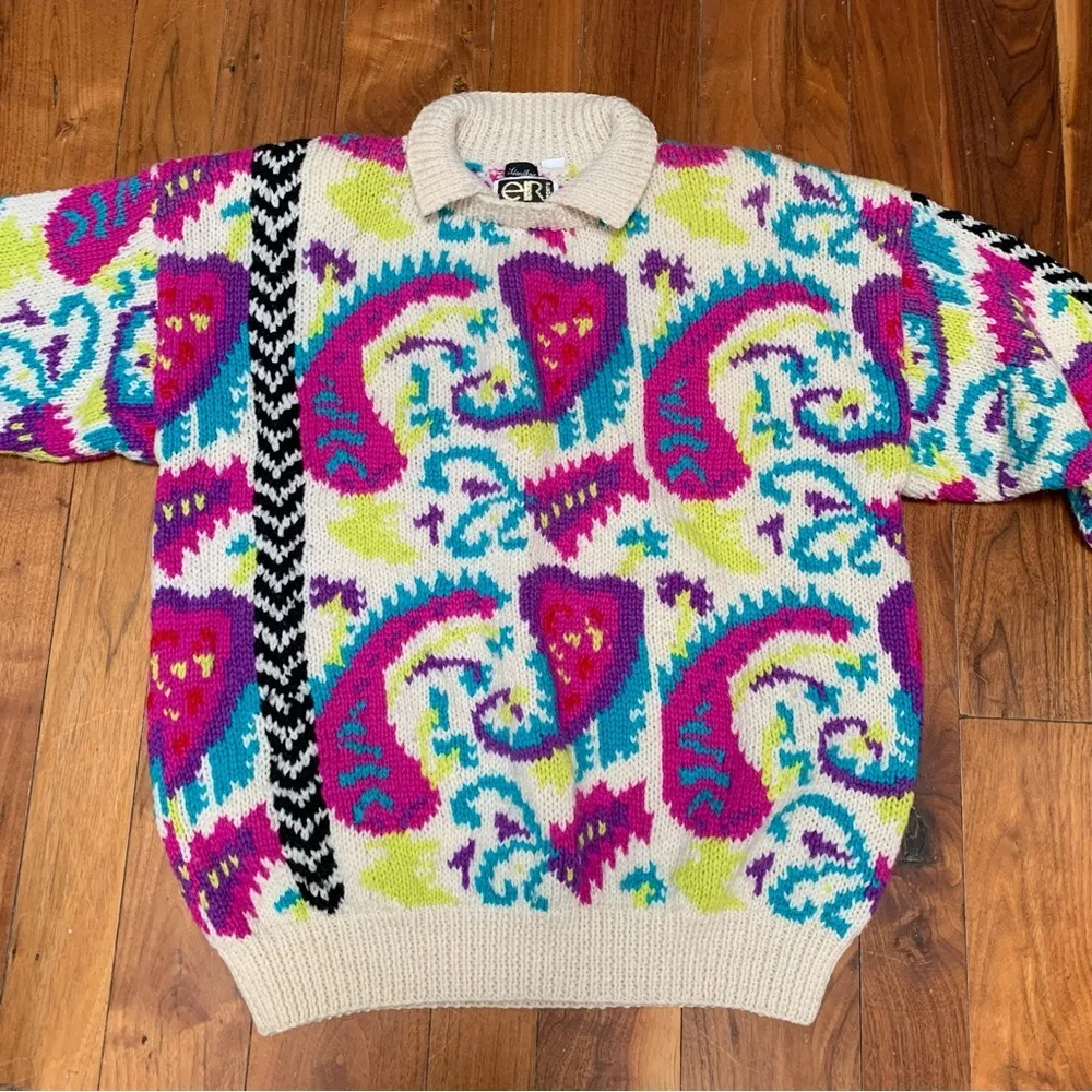 Vintage EIR Sports Sun Valley Wool hand knitted sweater colorful M Size M - Image 3