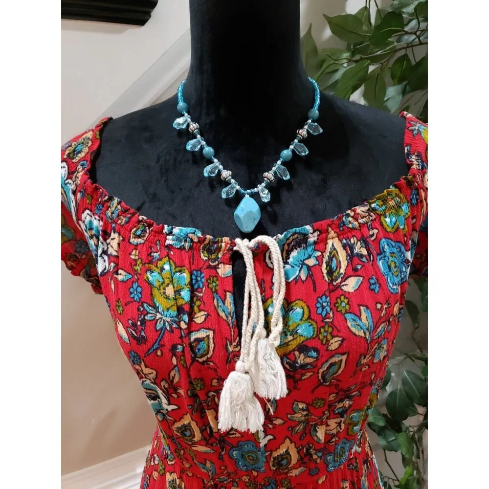 FOREVER 21 Women Red Floral Boho Prairie Farmer Midi Length Dress Size Small - Image 2