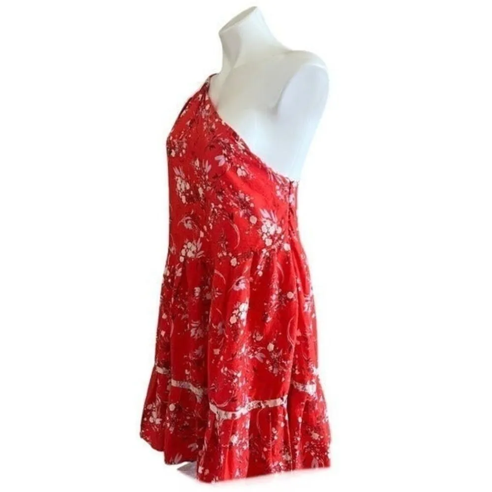 FREE PEOPLE All Mine Red Floral One Shoulder Ruffle Hem Mini Dress Size XS - Image 6